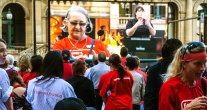 A rally calling on the Australian Commonwealth government to implement a National Disability Insurance Scheme in Reddacliff Place, Brisbane, in 2012.